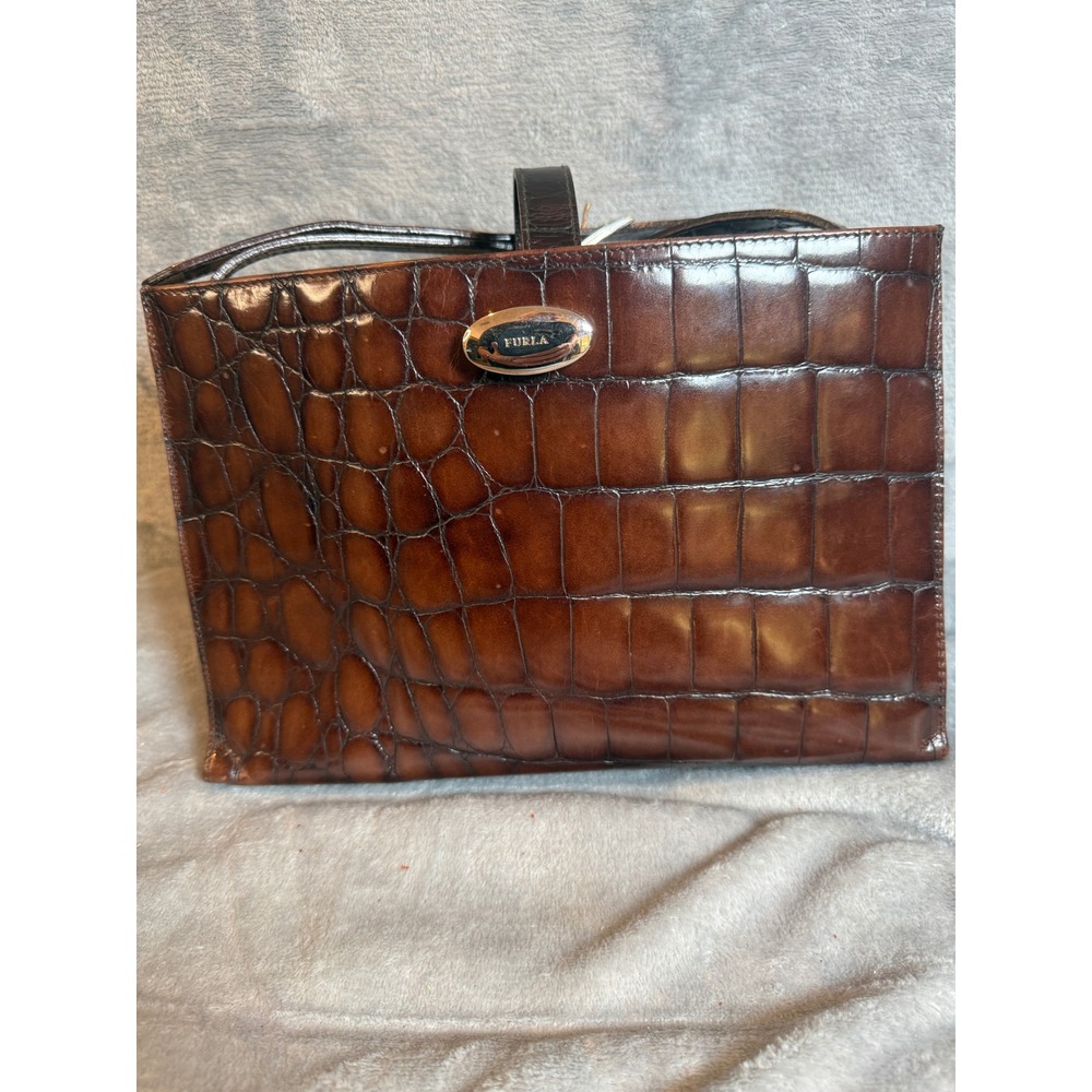 Furla Shoulder Bag Womens Medium Brown Excellent Croc Embossed Leather Italy